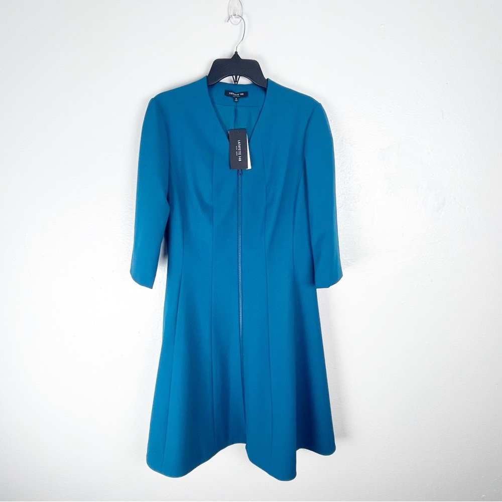 LAFAYETTE 148 Teal Wool Blend Front Zipper 3/4 Sleeves Coat Dress Size 12